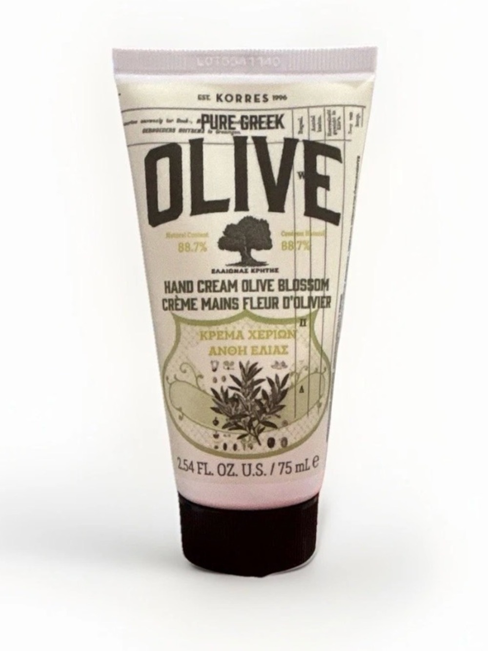 KORRES Pure Greek Olive Hydrating Hand Cream, Olive Blossom, 2.54 fl oz/75 mL